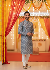 Festival And Occasional Wear White Foil Design Mens Kurta Pajama Set