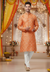 White Foil Print Men’s Kurta Pajama Set for Festive Wear