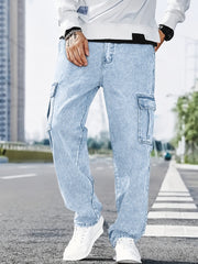 Men’s light blue washed denim cargo jeans with relaxed fit and multiple side utility pockets.