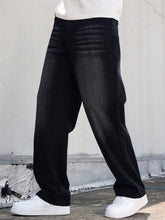 Men'S Vintage Washed High Street Denim Jeans, Casual Loose Straight Leg Pants, Non-Stretch Fabric, Solid Color, Regular Length, Zipper Fly, All-Season Wear, Casual Attire, Perfect for Going Out