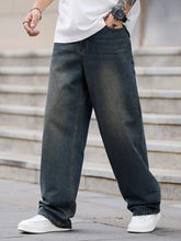 Men'S Vintage Washed High Street Denim Jeans, Casual Loose Straight Leg Pants, Non-Stretch Fabric, Solid Color, Regular Length, Zipper Fly, All-Season Wear, Casual Attire, Perfect for Going Out