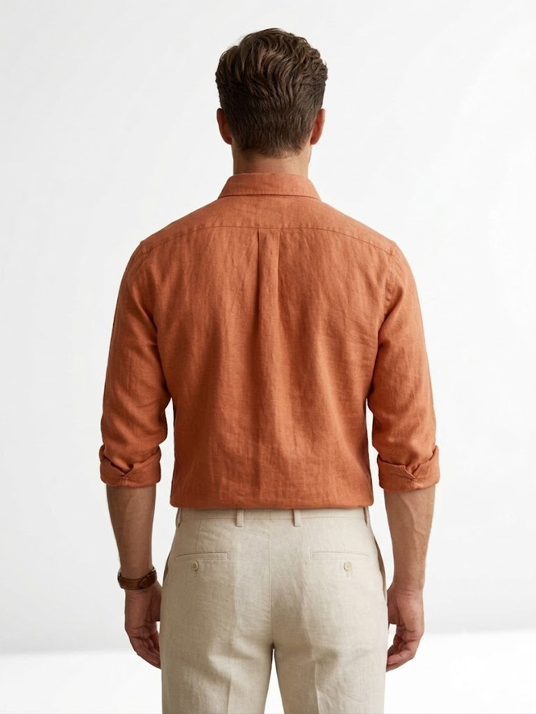 Men's Premium Breathable Long-Sleeve Linen Shirt – Rust / Burnt Orange