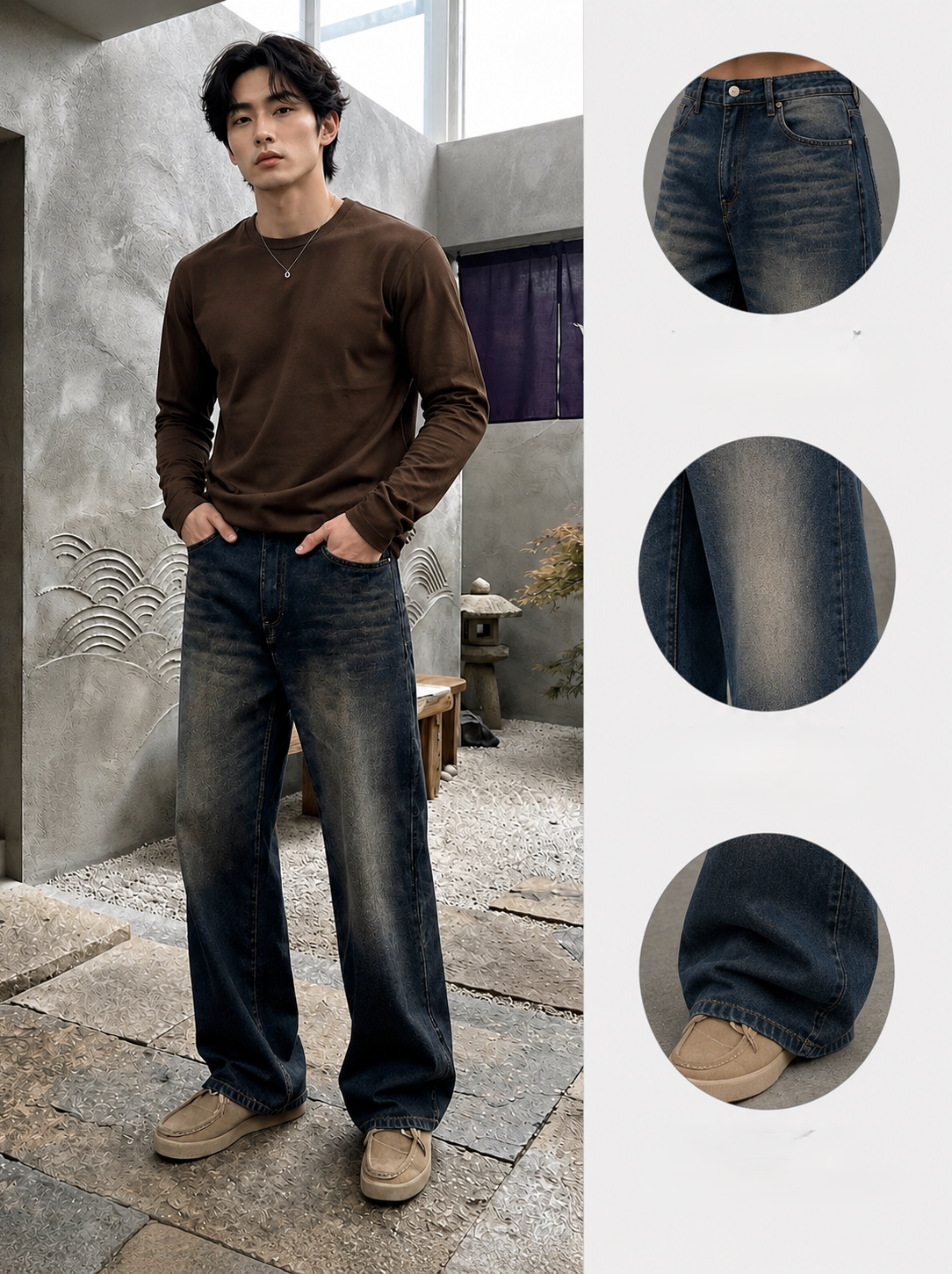 Men’s Premium Coffee-Tinted Whisker Denim Jeans – Relaxed Straight Fit