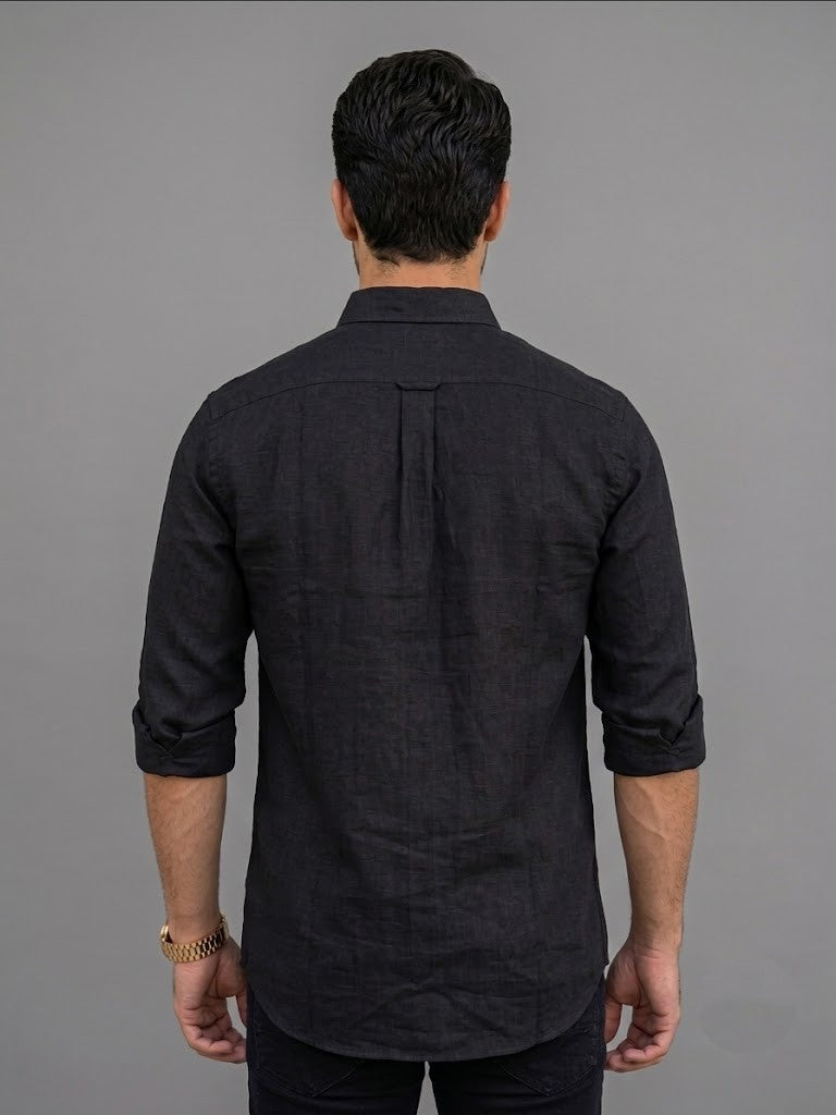 Men's solid black casual linen shirt