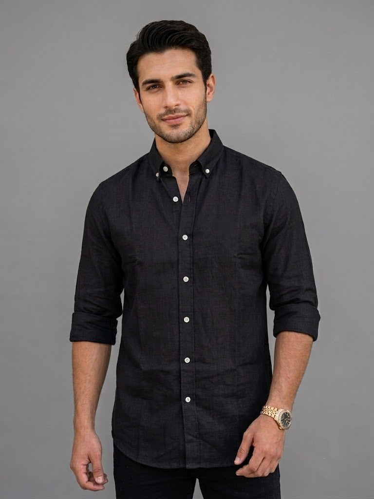 Men's solid black casual linen shirt