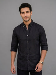 Men's solid black casual linen shirt