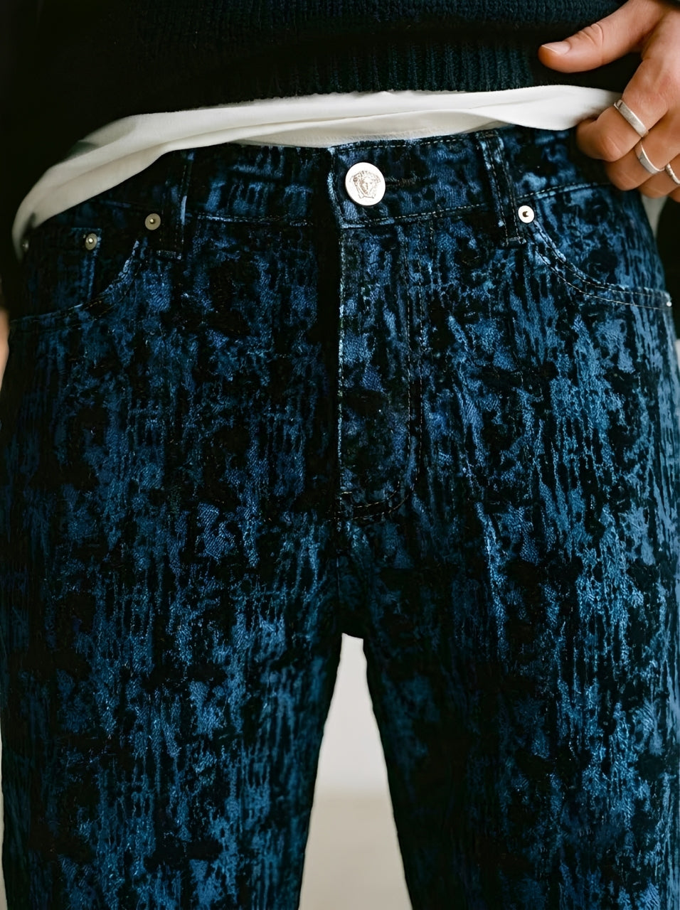 Streetwear Blue Acid Bark Print Relaxed Fit Jeans