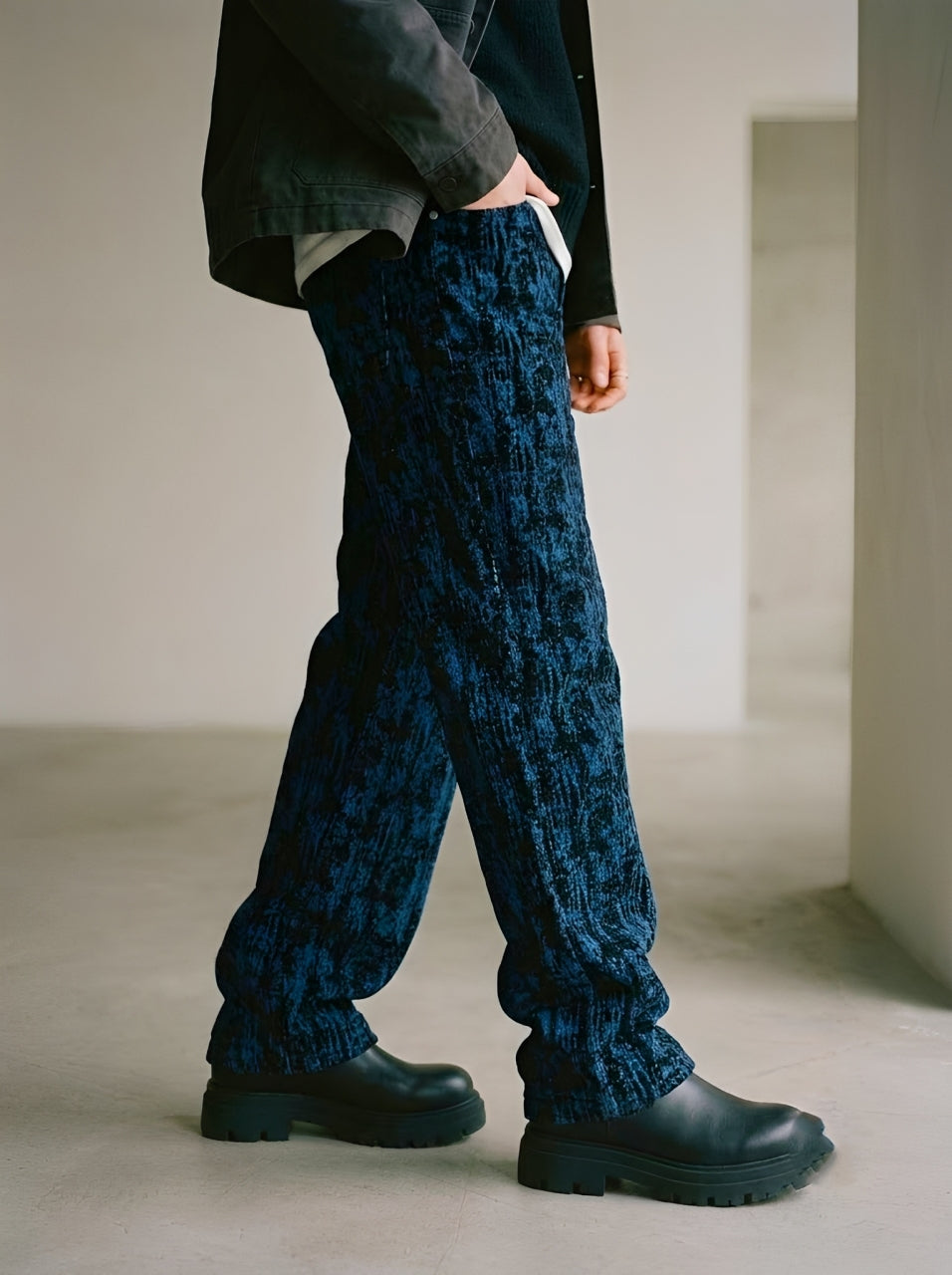 Streetwear Blue Acid Bark Print Relaxed Fit Jeans