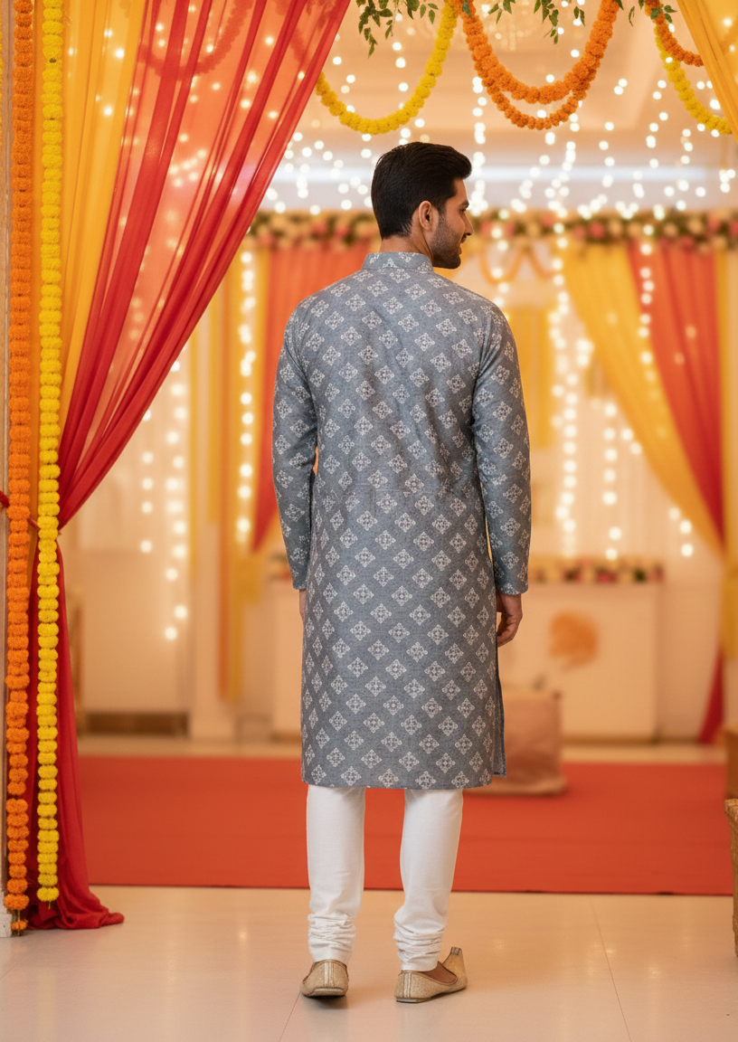 Festival And Occasional Wear White Foil Design Mens Kurta Pajama Set