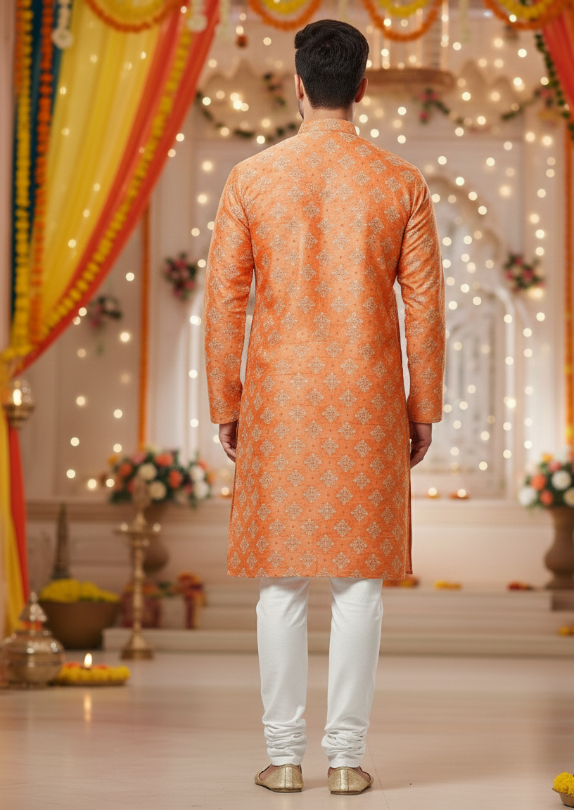 White Foil Print Men’s Kurta Pajama Set for Festive Wear