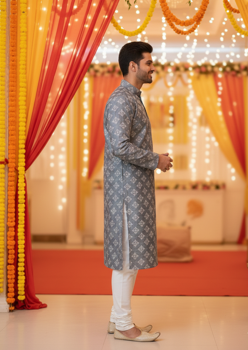 Festival And Occasional Wear White Foil Design Mens Kurta Pajama Set