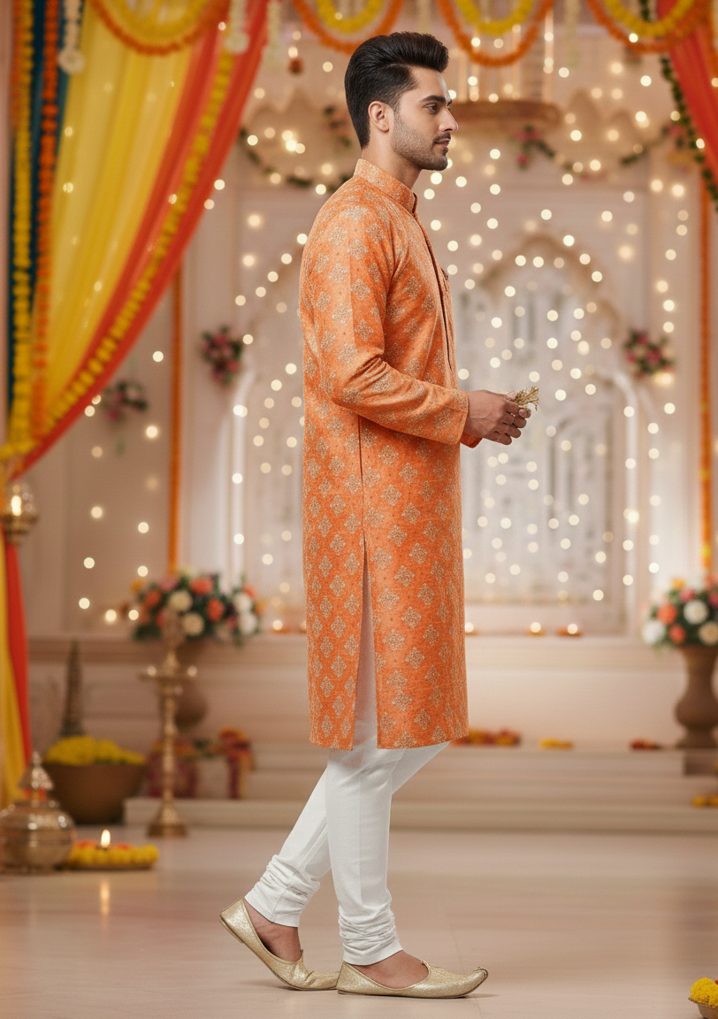 White Foil Print Men’s Kurta Pajama Set for Festive Wear