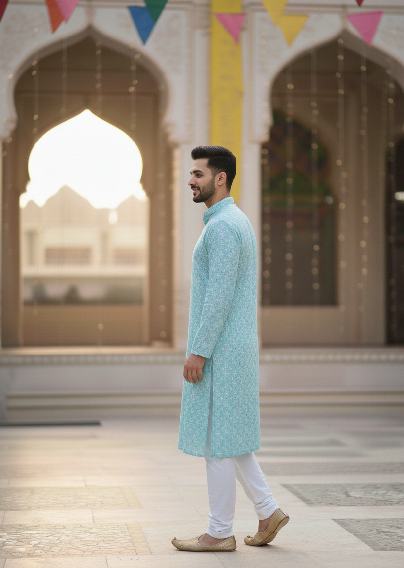 Premium White Foil Pattern Kurta Pajama Ethnic Set