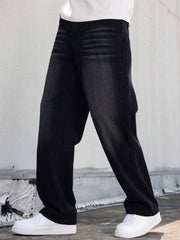Men'S Vintage Washed High Street Denim Jeans, Casual Loose Straight Leg Pants, Non-Stretch Fabric, Solid Color, Regular Length, Zipper Fly, All-Season Wear, Casual Attire, Perfect for Going Out
