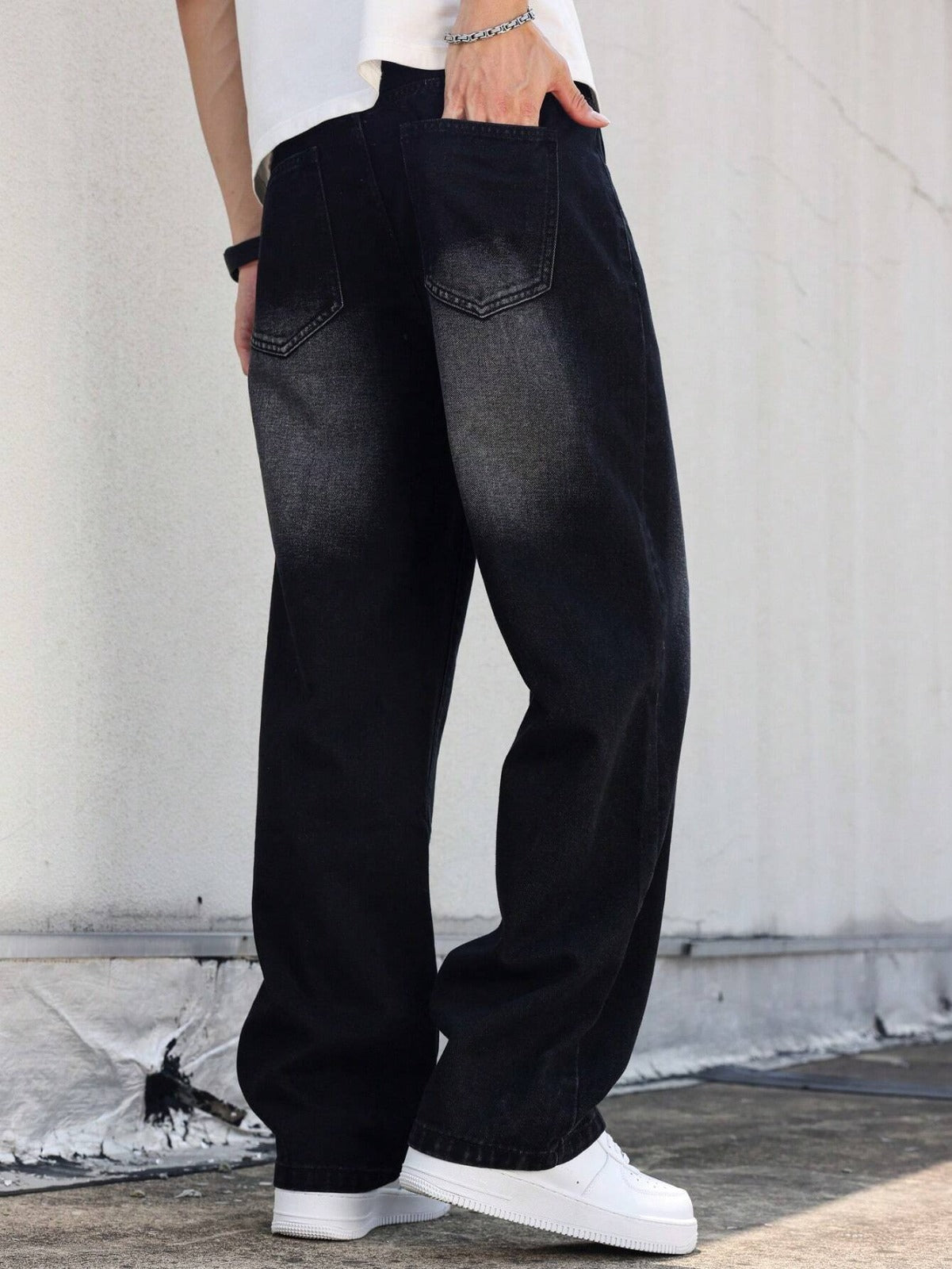 Men'S Vintage Washed High Street Denim Jeans, Casual Loose Straight Leg Pants, Non-Stretch Fabric, Solid Color, Regular Length, Zipper Fly, All-Season Wear, Casual Attire, Perfect for Going Out