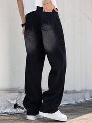 Men'S Vintage Washed High Street Denim Jeans, Casual Loose Straight Leg Pants, Non-Stretch Fabric, Solid Color, Regular Length, Zipper Fly, All-Season Wear, Casual Attire, Perfect for Going Out