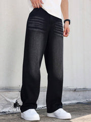Men'S Vintage Washed High Street Denim Jeans, Casual Loose Straight Leg Pants, Non-Stretch Fabric, Solid Color, Regular Length, Zipper Fly, All-Season Wear, Casual Attire, Perfect for Going Out