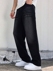 Men'S Vintage Washed High Street Denim Jeans, Casual Loose Straight Leg Pants, Non-Stretch Fabric, Solid Color, Regular Length, Zipper Fly, All-Season Wear, Casual Attire, Perfect for Going Out