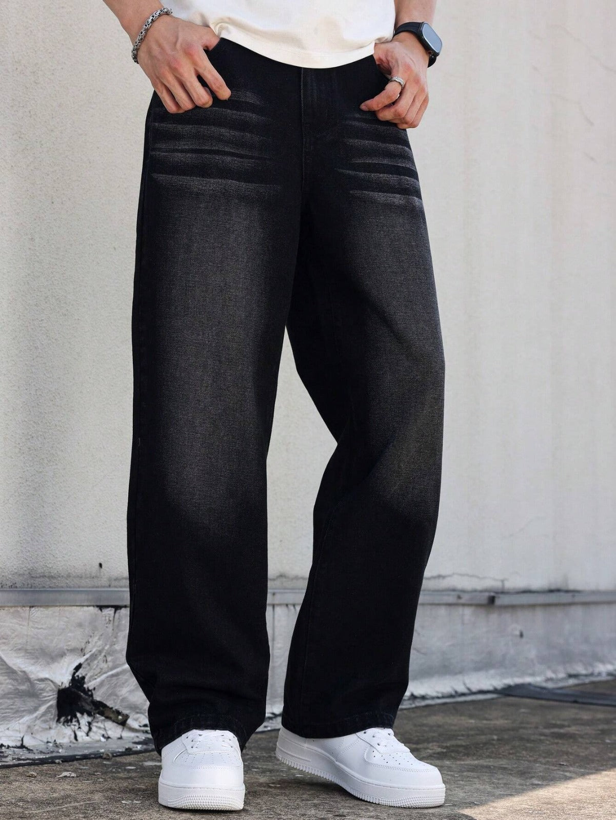 Men'S Vintage Washed High Street Denim Jeans, Casual Loose Straight Leg Pants, Non-Stretch Fabric, Solid Color, Regular Length, Zipper Fly, All-Season Wear, Casual Attire, Perfect for Going Out
