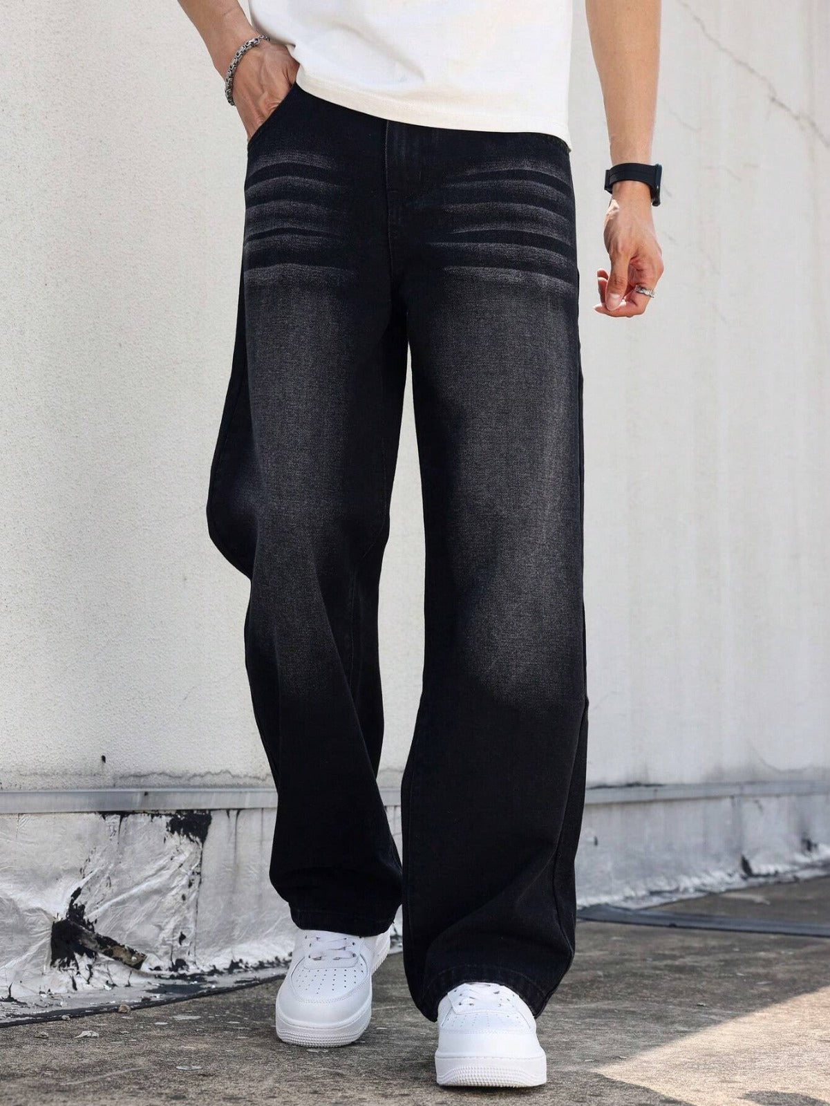 Men'S Vintage Washed High Street Denim Jeans, Casual Loose Straight Leg Pants, Non-Stretch Fabric, Solid Color, Regular Length, Zipper Fly, All-Season Wear, Casual Attire, Perfect for Going Out