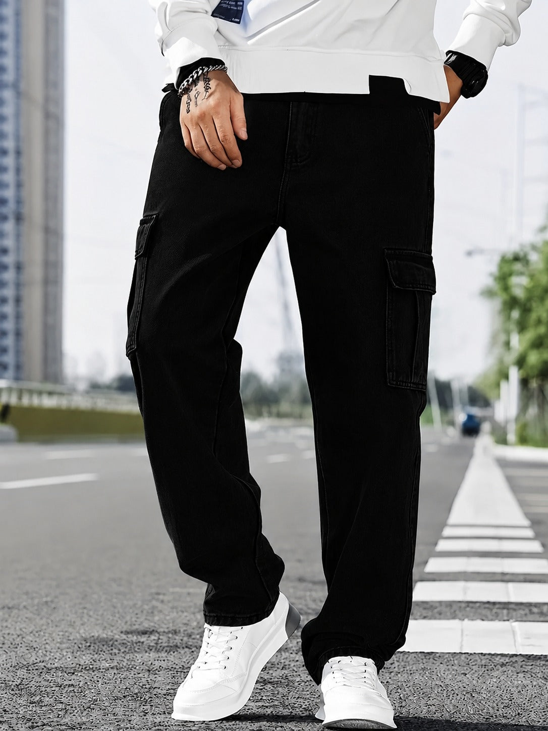 Men's Pocket Cargo Black Denim jeans