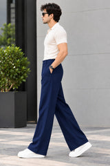 Men Semi Formal Straight Fit Korean Nevy Blue Pants