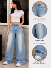 Women wearing light blue high-rise super baggy denim jeans with a relaxed oversized fit and wide-leg design.