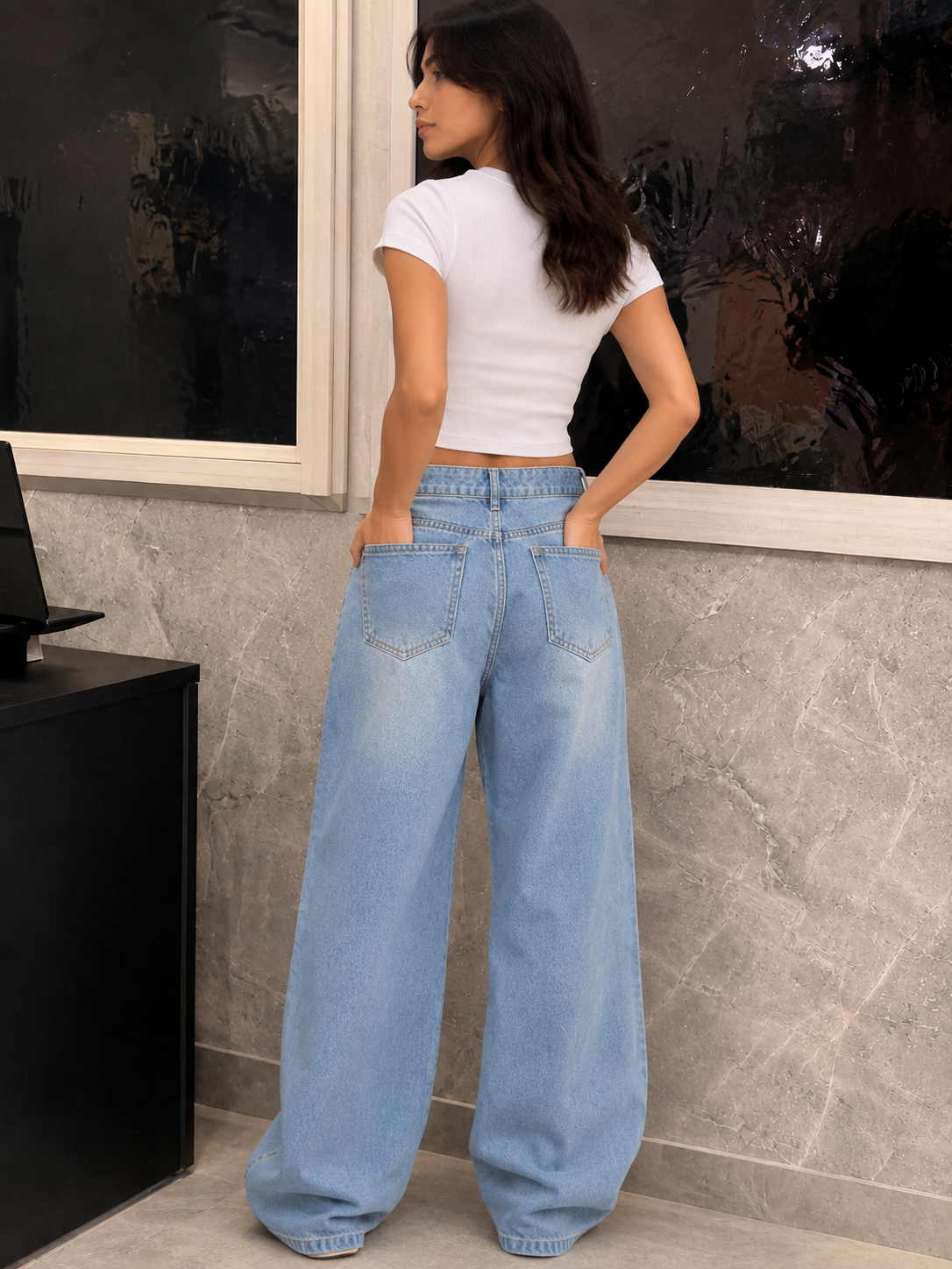 Women’s light blue super baggy denim jeans.
