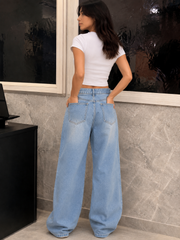 Women’s light blue super baggy denim jeans.