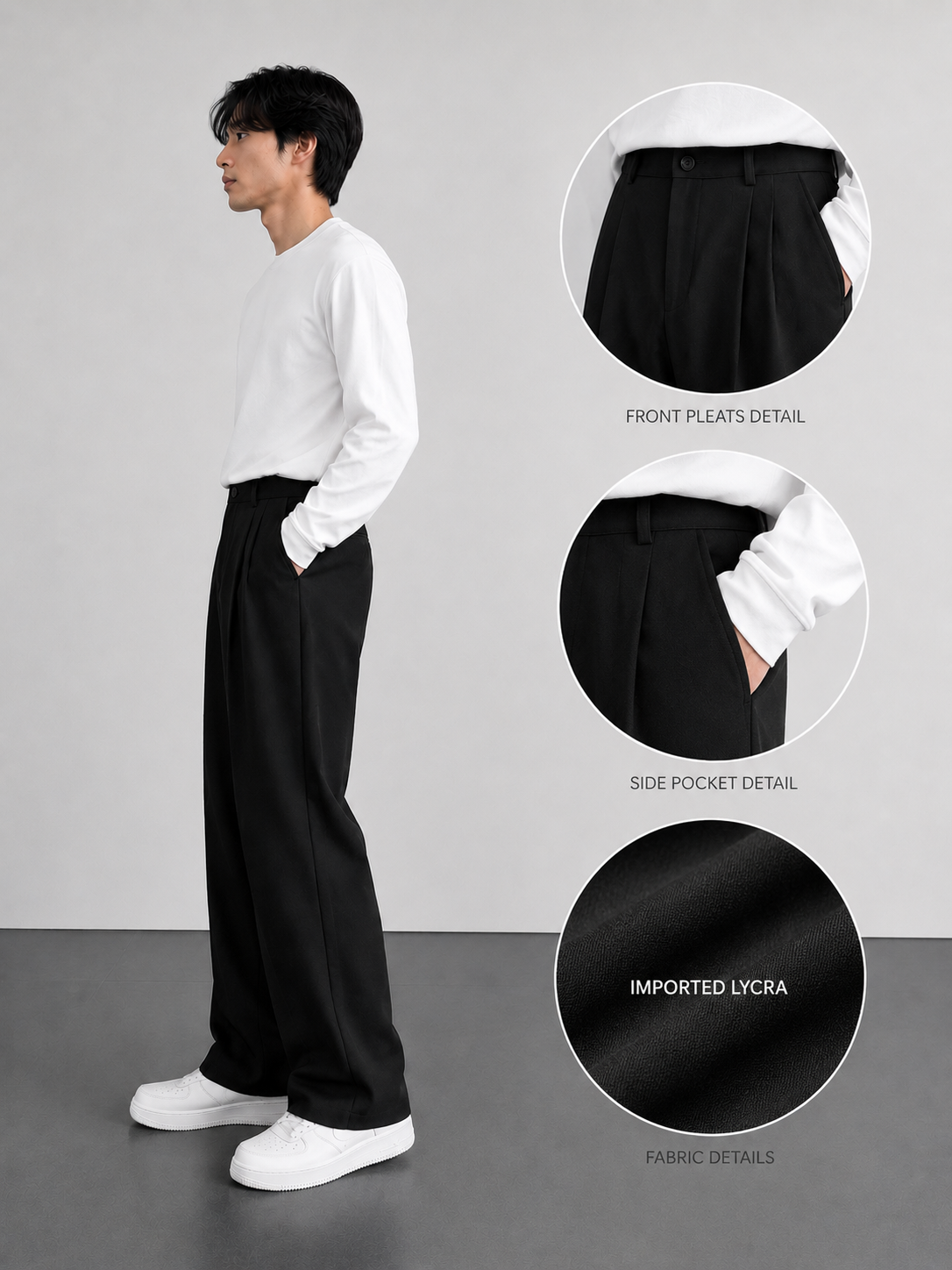 Women's Black High-Waisted Pleated Wide-Leg Trousers
