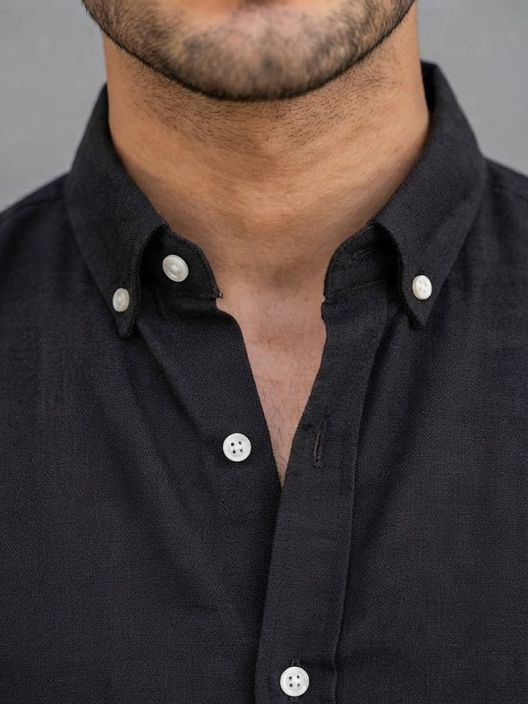Men's solid black casual linen shirt