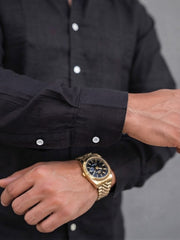 Men's solid black casual linen shirt