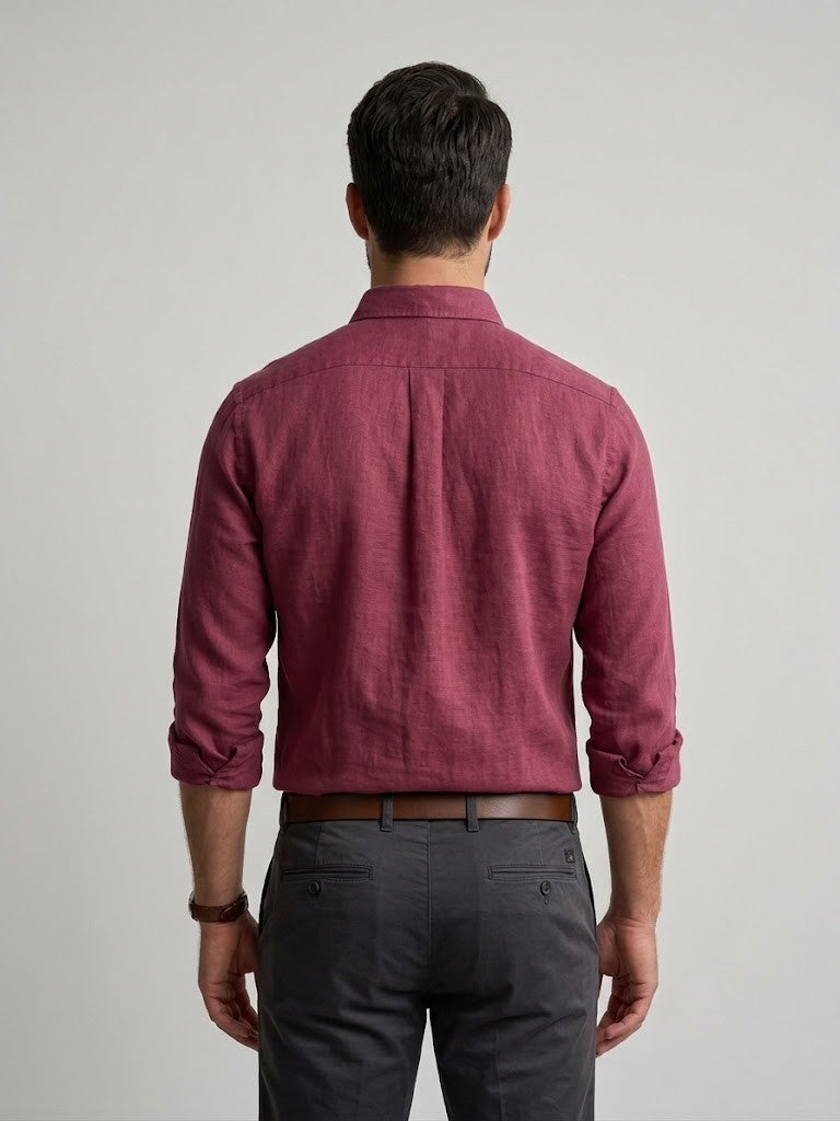 Men’s Maroon Solid Regular Fit Linen Blend Shirt