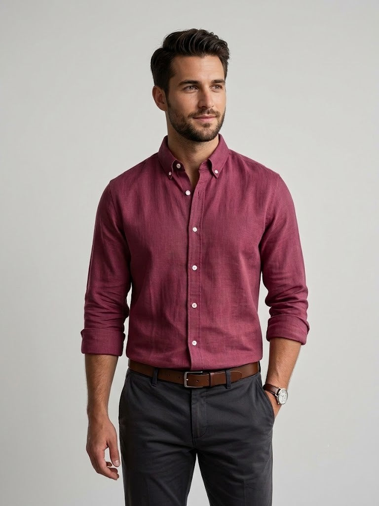 Men’s Maroon Solid Regular Fit Linen Blend Shirt