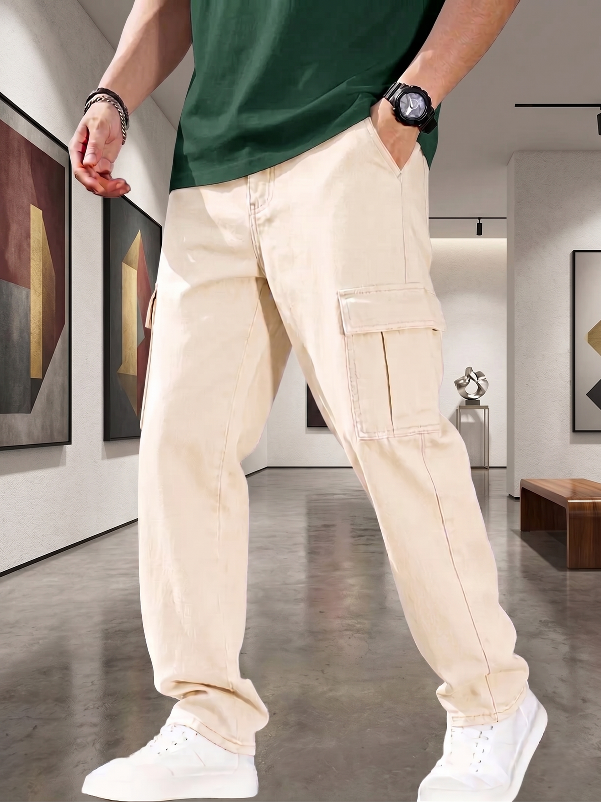 Men's cream relaxed fit cargo jeans with multiple side pockets