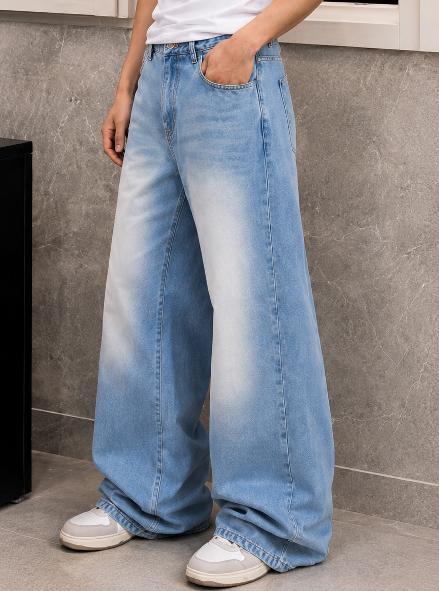 Men's ice blue super baggy fit premium denim jeans featuring ice whisker detailing, premium denim fabric and extra wide leg opening