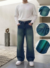 Men's green wide leg whisker jeans with super baggy fit, front view