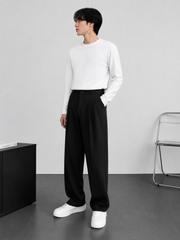 Women's Black High-Waisted Pleated Wide-Leg Trousers